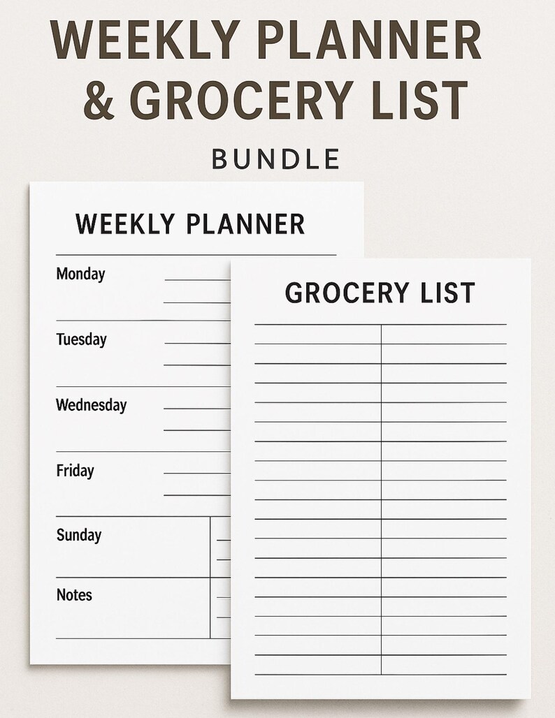 Pu&ograve; includere: Un pacchetto di pianificatore settimanale e lista della spesa bianchi. Il pianificatore settimanale ha sezioni per ogni giorno della settimana, pi&ugrave; una sezione note. La lista della spesa ha spazi a righe per gli articoli. Il testo "WEEKLY PLANNER & GROCERY LIST BUNDLE" &egrave; in alto.