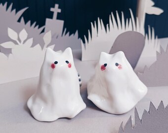 Handmade Ceramic Ghost Figurine, Ghost Cat, Ghost Bunny, Ceramic Cat, Ceramic Ghost