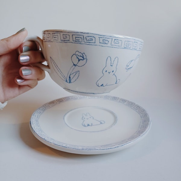 Handpainted ceramic bowl and plate set, Ramen Bowl, Tiger Bunny or Flower motiff, Gingham pattern