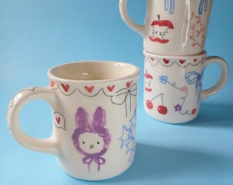 Hand painted Ceramic Mug with Bows and a Bunny, Bow Mug, Ceramic Mug, Coquette Aesthetic, y2k homedecor, Clay Mug, Handmade in Portugal