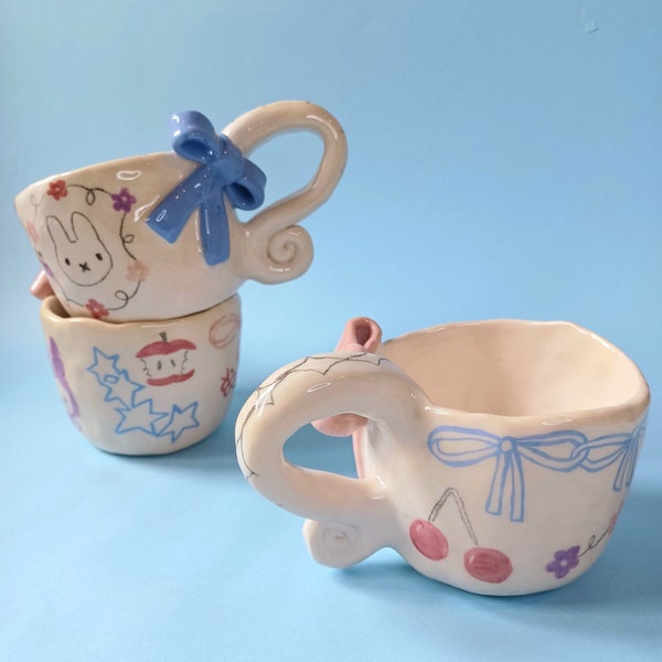 Handmade Ceramic Mug with Bows and Bunny, Bow Mug, Ceramic Mug, Coquette Aesthetic, Clay Mug, Handmade in Portugal