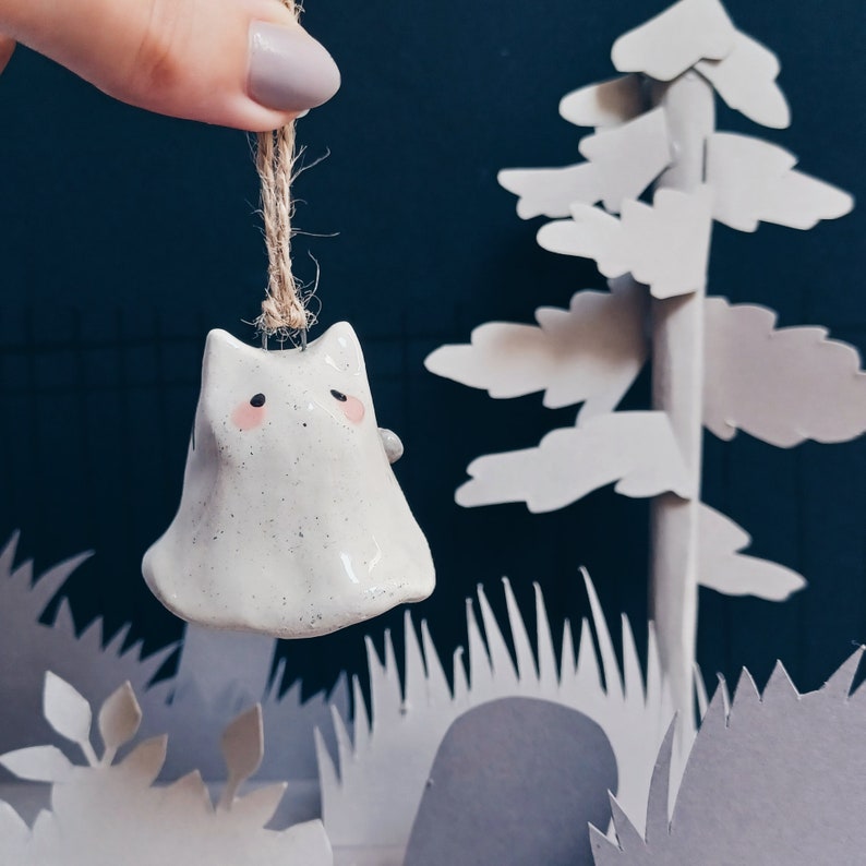Handmade Ceramic Ghost Figurine, Ghost Cat, Ghost Bunny, Ceramic Cat, Ceramic Ghost Ghost Cat Pendent