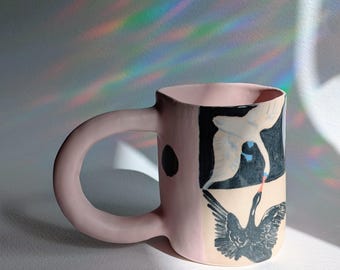 Handmade Pink Ceramic Mug: Black Polka Dots, Swans, Hilma af Klint Inspired 230mL