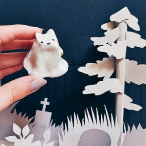 Handmade Ceramic Ghost Figurine, Ghost Cat, Ghost Bunny, Ceramic Cat, Ceramic Ghost Ghost Cat W/ Nose