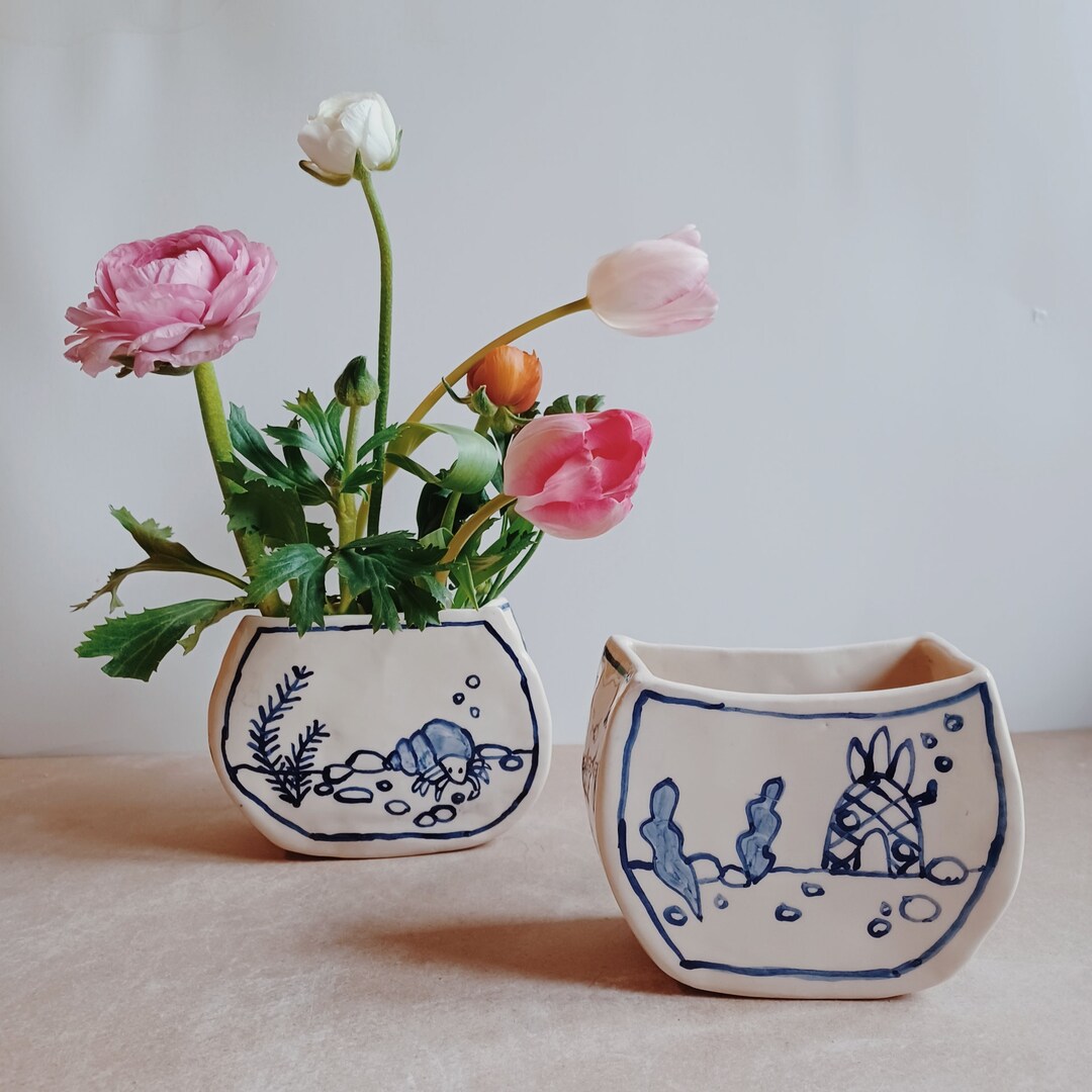 Ceramic Fish Bowl Flower Vase, Hermit Crab Bowl, Home Decor, Handmade