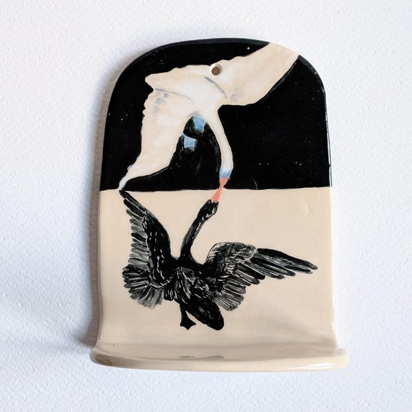 Handmade ceramic wall shelf with swans inspired by Hilma af Klint paintings