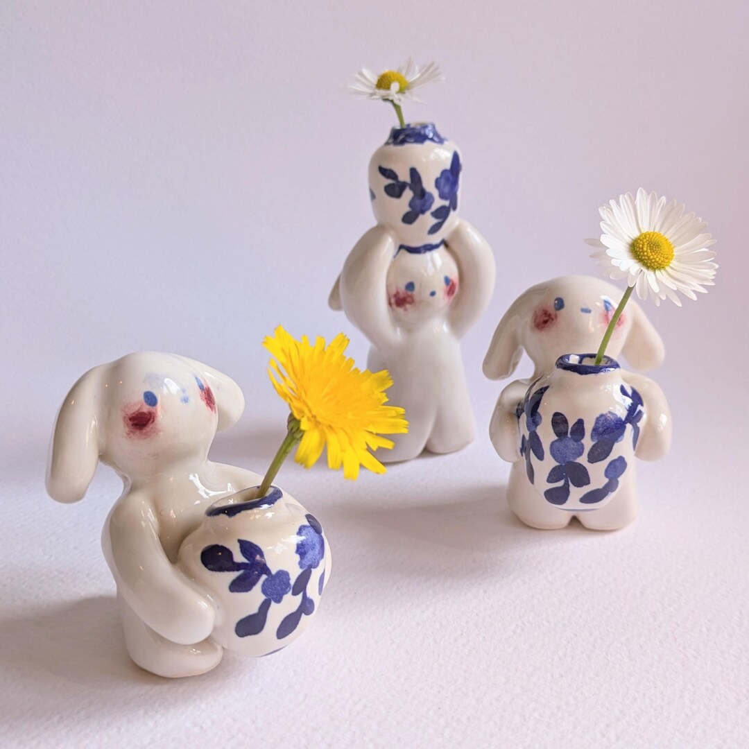 Miniature Ceramic Rabbit With a Vase, Bunny Flower Vessel, Cute Clay ...