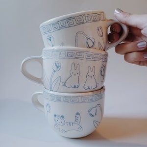 Handpainted Large Ceramic Mug, Breakfast Mug, Tiger or Bunny and flowers motiff, ramen bowl inspired