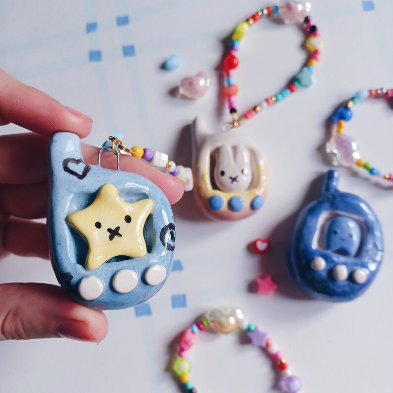 Tamagotchi Clay Charm, Tamagotchi Keychain, Handmade Keychain, Ceramic Tamagotchi, Beaded Keychain, Tamagotchi Pin, Clay Brooch image 2