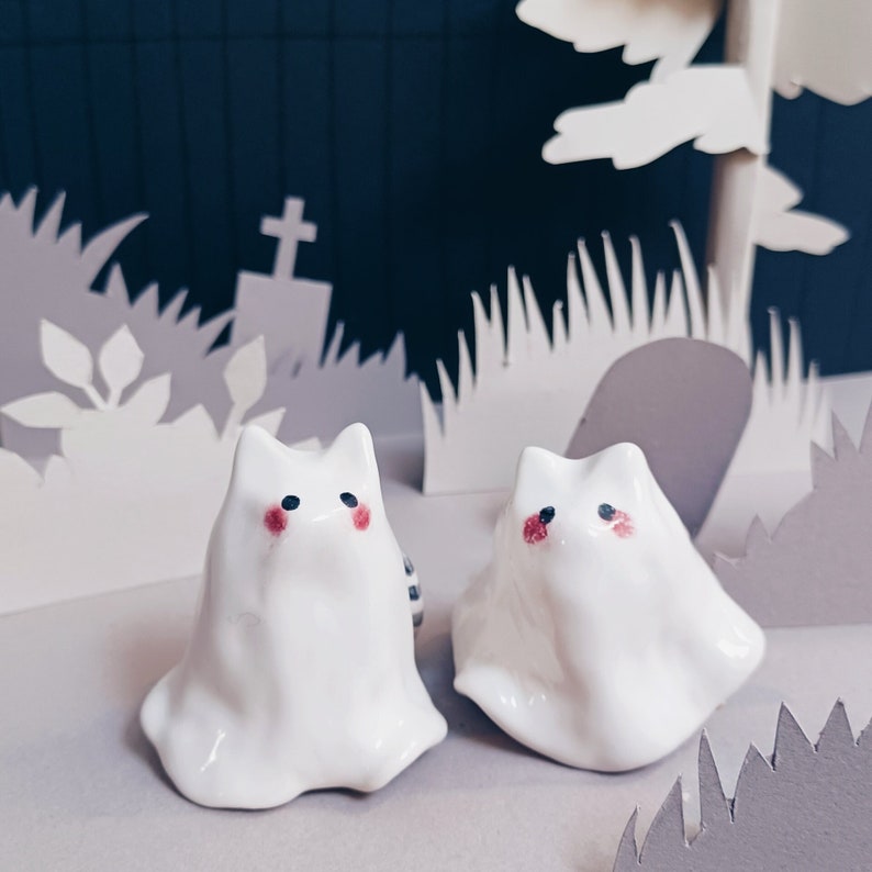 Handmade Ceramic Ghost Figurine, Ghost Cat, Ghost Bunny, Ceramic Cat, Ceramic Ghost Ghost Cat