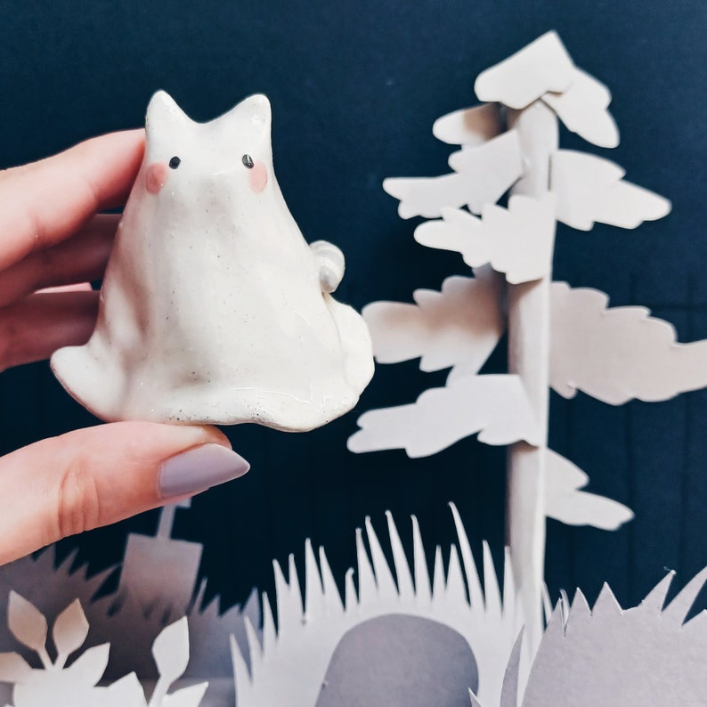Handmade Ceramic Ghost Figurine, Ghost Cat, Ghost Bunny, Ceramic Cat, Ceramic Ghost Big Ghost Cat