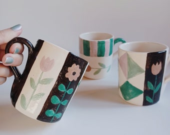 Taza de cerámica pintada a mano, taza de flores, taza de café para el desayuno con motivo de flores, taza de bloqueo de color