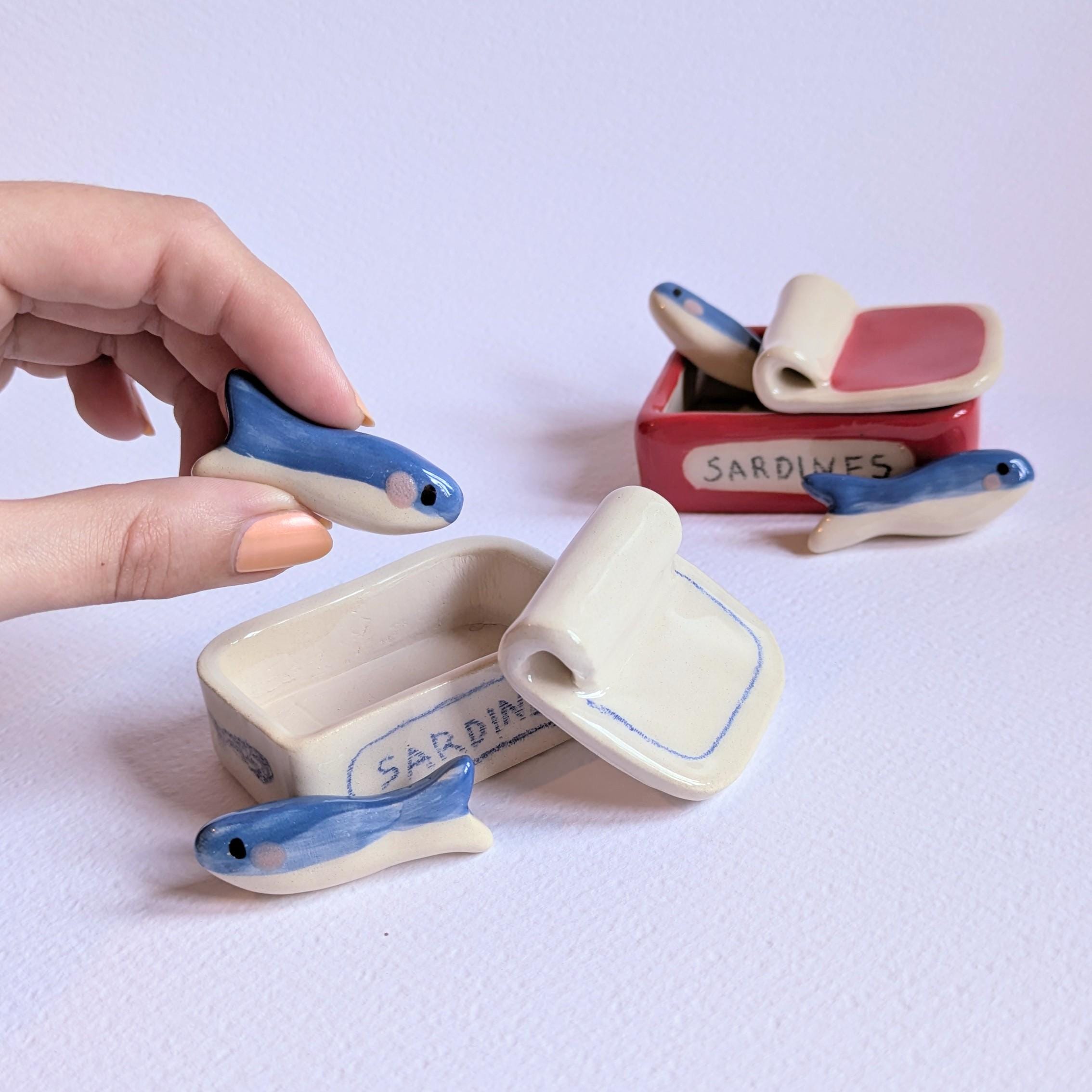 Handmade Ceramic Sardine Tin With Figurines: Collectible Miniature