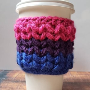 Bisexual Pride Crochet Coffee Cup Cozy Sleeve - EcoFriendly & Reusable, Made for cold or hot drinks | 16 or 20 oz Tapered Cups