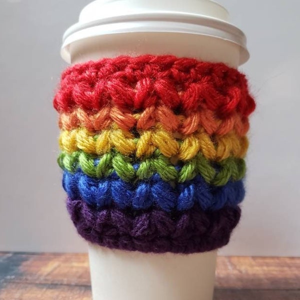 LGBTQ Rainbow Pride Crochet Coffee Cup Cozy Sleeve - EcoFriendly & Reusable, Made for cold or hot drinks | 16 or 20 oz Tapered Cups