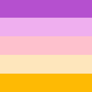 May include: A horizontal striped flag with six bands of color. From top to bottom, the colors are purple, light purple, light pink, pale yellow, and gold. The flag is a symbol of the non-binary community.