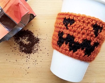Funda acogedora para taza de crochet con forma de calabaza - Taza de café reutilizable de Halloween con forma de Jack O Lantern / PATRÓN DESCARGABLE