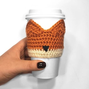 Fox Crocheted Minimalist Design Coffee Cup Cozy Sleeve - EcoFriendly & Reusable, Made for cold or hot drinks | 16 or 20 oz Tapered Cups