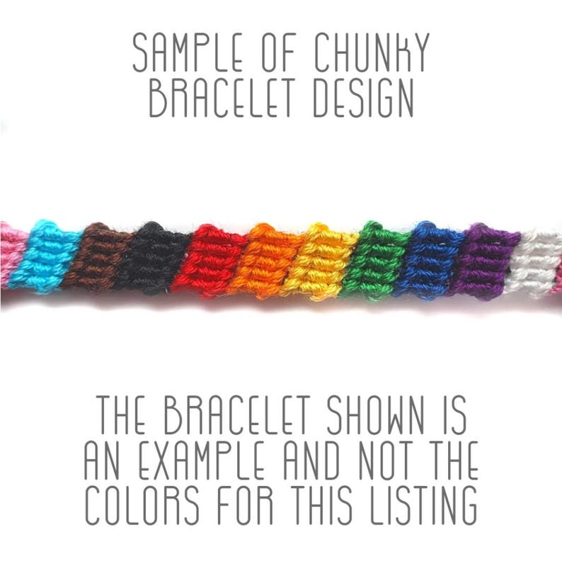May include: A close-up of a colorful friendship bracelet made with chunky yarn. The bracelet is woven in a rainbow pattern with pink, blue, brown, black, red, orange, yellow, green, blue, purple, and white yarn.
