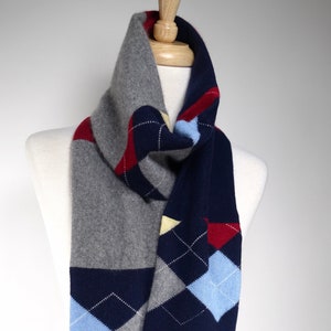 Soft Cashmere argyle print scarf, upcycled, colorblock style recycled cashmere scarf, handmade eco gift for him or her under 100, warm scarf