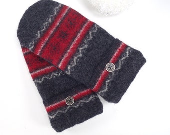 Upcycled SUEDE Palm womens felted wool sweater mittens red/gray fleece lined mittens recycled sweater mittens Raynauds mittens size L