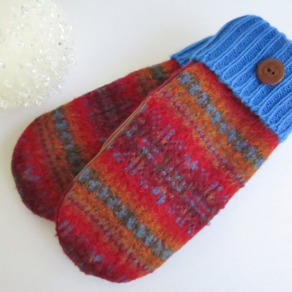 Upcycled fair isle sweater mittens  felted wool mittens ultrasuede palms polartec fleece lined  ladies size M red blue wine green rust