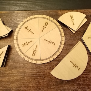 May include: A wooden circle divided into sections with fractions written on each section. The circle is surrounded by smaller wooden pieces, each with a fraction written on it. The fractions are 1/6, 1/4, 1/3, 1/2, 1/8, and 1/9.