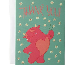 Orange Heart Monster Floral Thank You Card | Flowers Thank You Card | Lettered Thank You Card