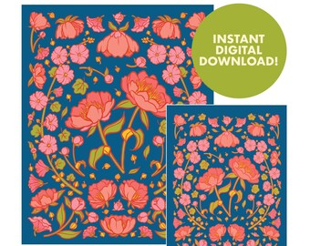 Peonies and Hollyhocks Folk Floral Pink and Blue Print | Wall Art Print Digital Download | Printable Art | Downloadable Poster
