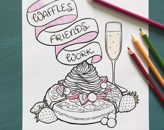 Colouring Page Digital Download - Waffles Friends Work Waffle Berry Brunch Parks & Recreation Inspired Colouring Page