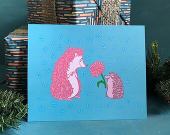 Adorable Hedgehog and Flower Parent and Child Cute Animal Illustration Art Print