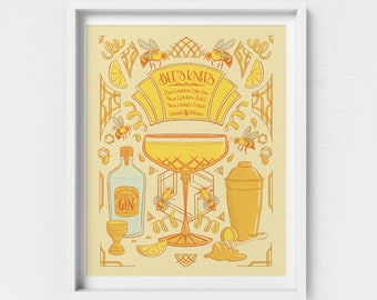 Bee's Knees Cocktail Art Print | Gin Cocktail Illustration | Yellow Cocktail Recipe Art Print