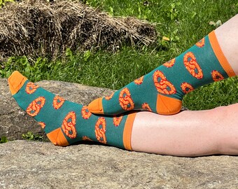 Salty Pretzel Orange and Green Socks | Pretzel Socks | Food Patterned Socks | Made in Canada Stocking Stuffer Socks