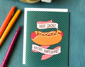 Hot Dog You're Awesome Polka Dot Card | Hot Dog Valentine Card for Him or Her or Anyone | Thank You Card