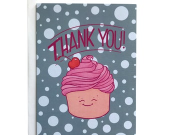 Cupcake Thank You Card | Pink Cupcake Card | Cherry on Top Food Illustration Thank You Card