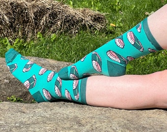 Musubi Turquoise Socks | Sushi Aqua Unisex Food Patterned Socks | Made in Canada Stocking Stuffer Socks