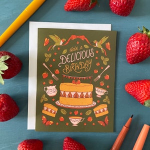 Cottagecore Delicious Birthday Card | Happy Birthday Cake and Strawberries Card | Teacup Birthday Card for Him or Her