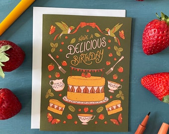 Cottagecore Delicious Birthday Card | Happy Birthday Cake and Strawberries Card | Teacup Birthday Card for Him or Her