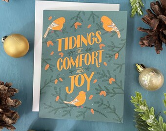 Goldfinch Tidings Christmas Card | Blue and Yellow Winter Birds Pinecones Christmas Card | Holiday Card