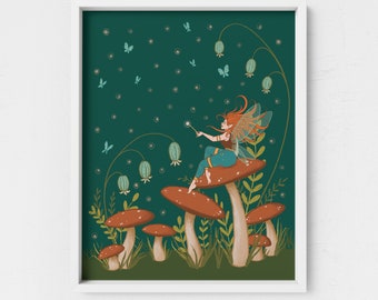 Cottagecore Faerie Art Print | Fairy, Mushrooms and Butterflies Art Print