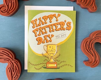 Father's Day Trophy Card | Green Number One Dad Card | Moustache Father's Day Card for Dad