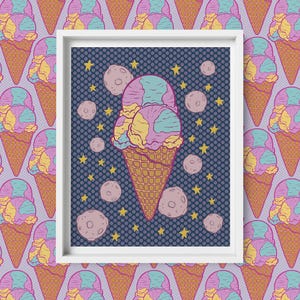 An illustration of a purple, blue, and yellow triple scoop ice cream cone is flanked by stars and moons on a purple polka dot background. The print is in a white frame against a pattern of repeating ice cream cones.