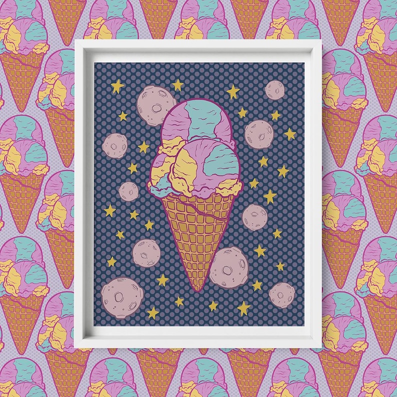 An illustration of a purple, blue, and yellow triple scoop ice cream cone is flanked by stars and moons on a purple polka dot background. The print is in a white frame against a pattern of repeating ice cream cones.