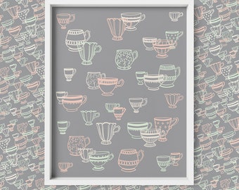 Pastel Tea Kitchen Art | Teacup Wall Art | Teacup Art | Teacup Outlines Art Print