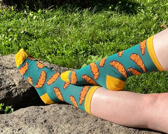 Croissant Teal Socks | Pastry Croissant Green and Yellow Socks | Food Patterned Socks | Made in Canada Stocking Stuffer Socks