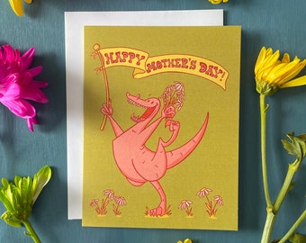 Dinosaur Happy Mother's Day Card | Pink Dinosaur Cards for Mom | Dinosaur Floral Happy Mother's Day Greeting Card