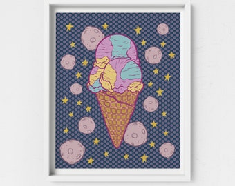 Ice Cream Polka Dot Art Print | Outer Space Ice Cream Art | Moon Mist Ice Cream Cone Art Print