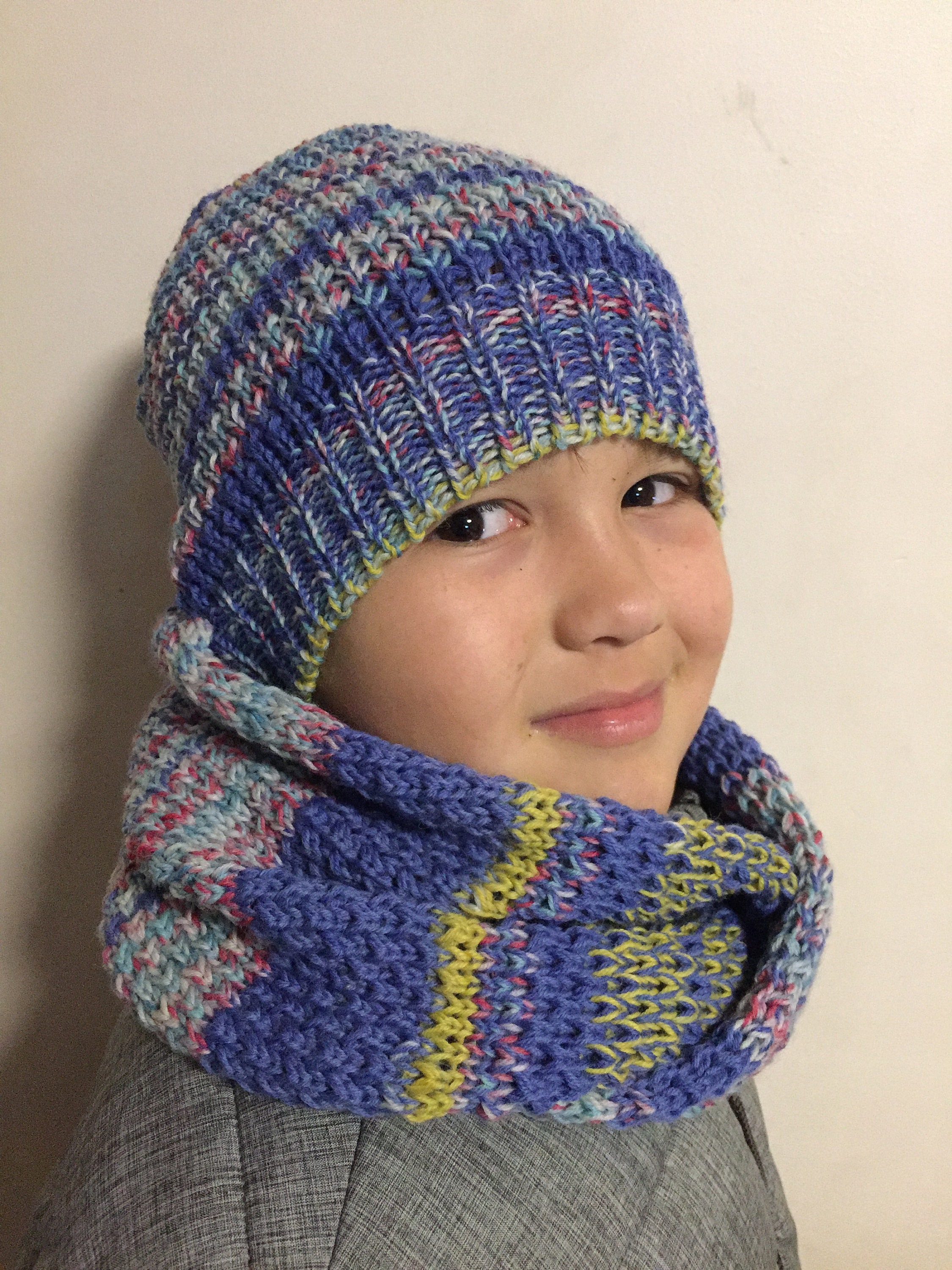 Striped Knit Hat & Scarf Set - Navy & Burgundy hand made? Purple waffle hat and scarf set main image 3