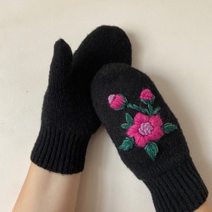 Knitted Mittens Embroidered Mittens Handmade Wool Women Black Mittens image 7