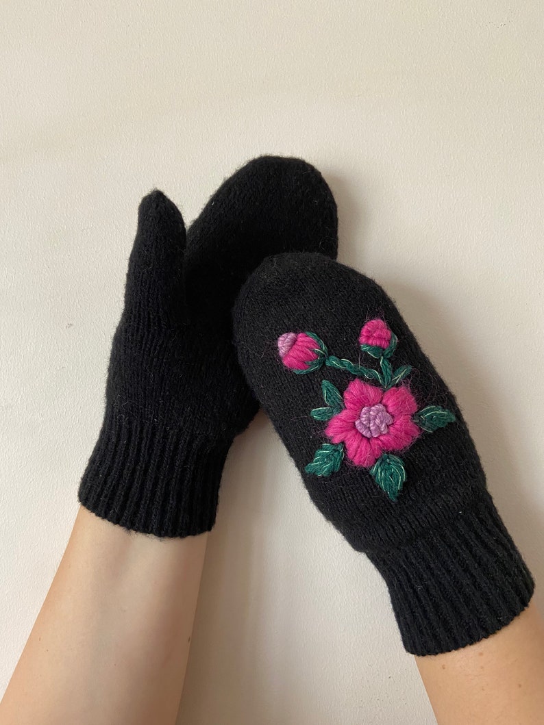 Knitted Mittens Embroidered Mittens Handmade Wool Women Black Mittens image 7